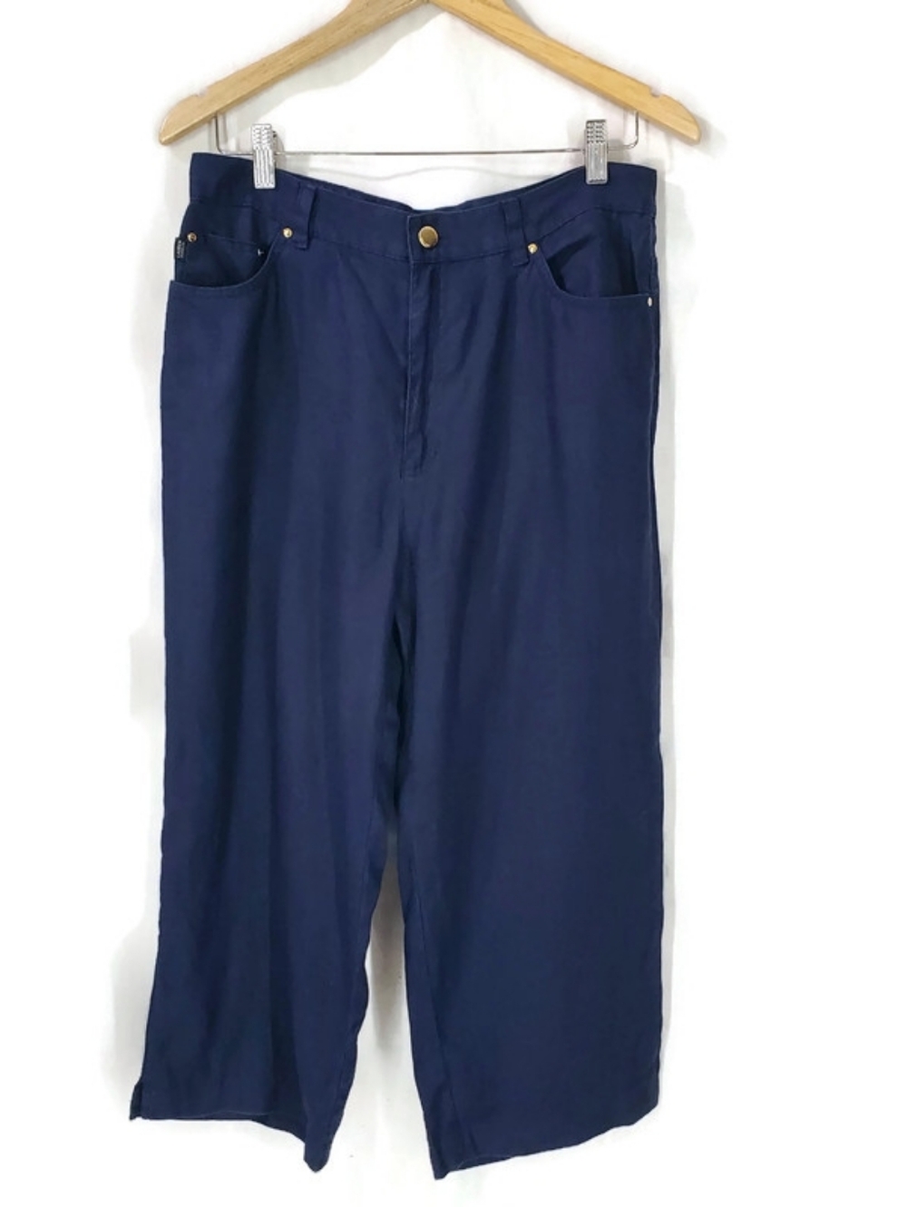 Ralph Lauren Jeans Womens Crop Pants Size 10 Blue Pure Linen Wide Leg High Rise